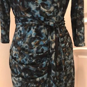 Nwot Miss Tina knit blue /gold/black wrap dress